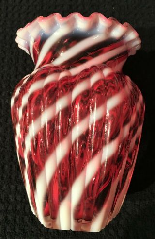 Vintage Fenton Cranberry Opalescent Swirl Ribbon Edge Vase 5 " H