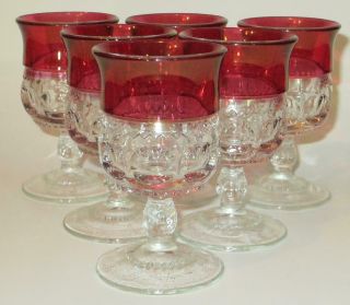 Set Of 6 Vintage Kings Crown Ruby Red Thumbprint Cognac Cordial Glasses
