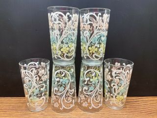 Set Of 6 Vintage Pastel Flowers Floral Design Drinking Glasses Tumblers 4 3/4 "
