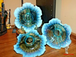 Vintage Fenton Blue Opalescent Ruffled Edge Nut Candy Bowls Set Of Three (3)