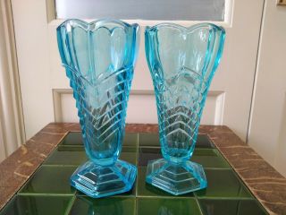 Two Large Art Deco Davidson Chevron Vases In Blue Glass