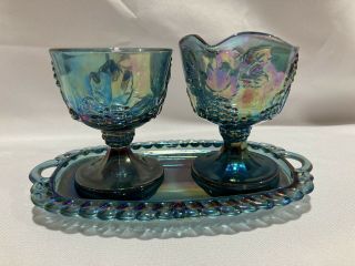 Indiana Blue Iridescent Carnival Glass Harvest Grape Creamer Sugar Bowl And Tray