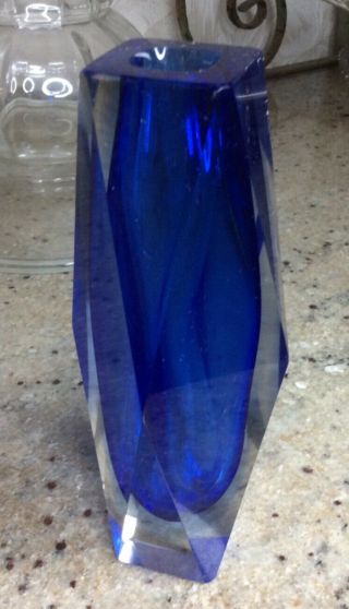 Vintage Murano Mid Century Art Deco Glass Faceted Prism Blue Vase