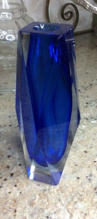 VINTAGE MURANO MID CENTURY ART DECO GLASS FACETED PRISM BLUE VASE 2
