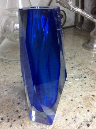 VINTAGE MURANO MID CENTURY ART DECO GLASS FACETED PRISM BLUE VASE 3