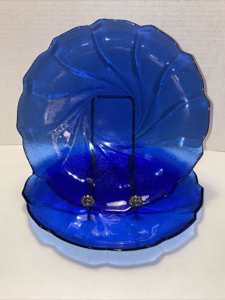 (2) Vintage Arcoroc France Cobalt Blue 9 1/4” Swirl Textured Glass Dinner Plates