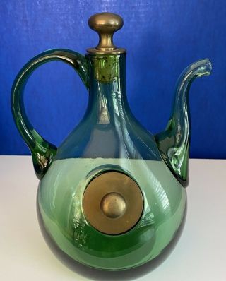 Vintage Italian Hand - Blown Green Glass Beverage Pitcher With Ice Chamber