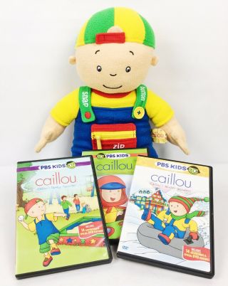 Caillou Plush Large 20 " Learn To Dress Doll & 3 Dvd Set Pbs Show Educational