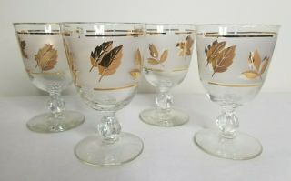 4 Vintage Mid Century Libbey Gold Leaf Frosted Wine Water Goblets Bar Glasses