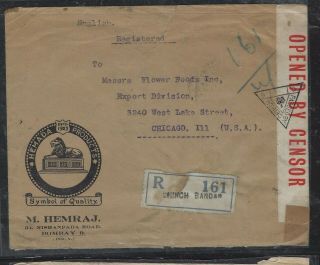 INDIA COVER (P0305B) 1940 KGVI 6A BOAT,  1/2A REG CENSOR COVER TO USA 2