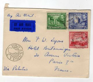 Cyprus 1939 Limassol To Paris Cover,  3 Colour 4½p Franking,  Visit Cyprus Cachet