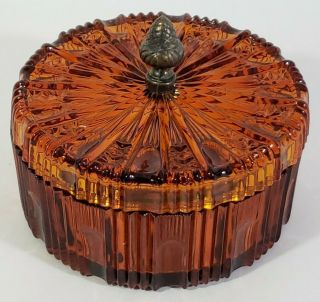 Vintage Amber Glass Divided Candy Nut Dish Lidded With Lid 2 Sections 6.  25 " Chip