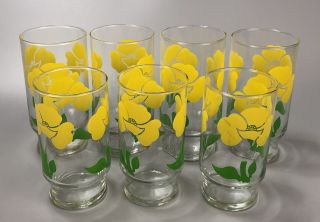 Set Of 7 Vintage Mid - Century Floral Drinking Glasses Tumblers Yellow Petunias Aa