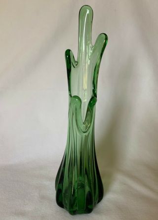 Bright Emerald Green Mcm Swung Glass Vase | Pulled Finger Glass 11 "
