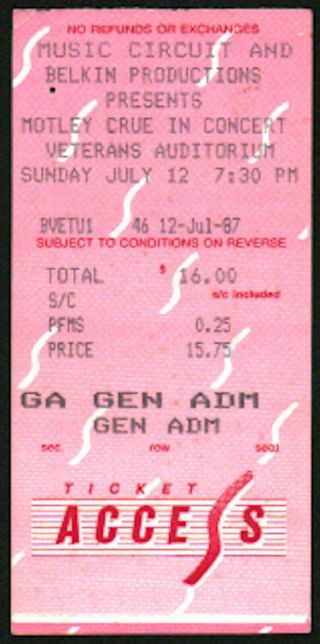 Motley Crue - Nikki Sixx - 1987 Rare Concert Ticket Stub (des Moines,  Iowa)