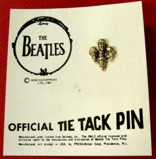 Beatles " Tie Tack Pin " 1964,  Brass Tie Tack With Press - Initial Card.  Nm