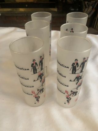 Set Of 6 Vintage Tom Collins Glasses Frosted Locomotion Comic By Federal Glass