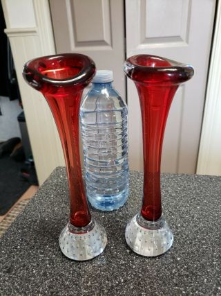 Pair Mid Century Hand Blown Art Glass Bud Vases - Red - Bubble Glass Base