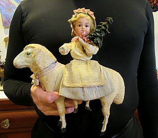 Magnificent Large German Bisque Head Doll On Sheep Candy Container