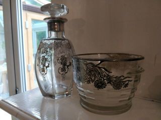 Vintage Glass Decanter And Glass Ice Bucket With Silver Overlay - Set