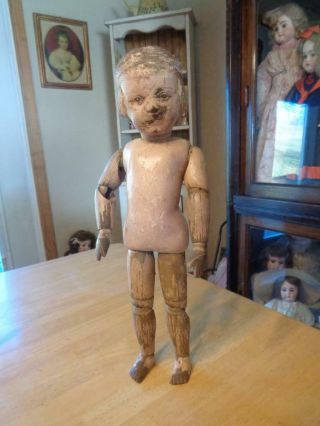 Antique Wooden Schoenhut Doll Molded Hair And Bow Well Loved Shows Wear 16 "