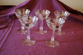 Set Of 5 Vintage Libbey Silver Leaf Stemmed Champagne/shebert Glasses