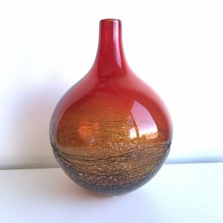 Vintage Red Amber Art Glass Vase With Gold Flakes And Fine Black Swirl