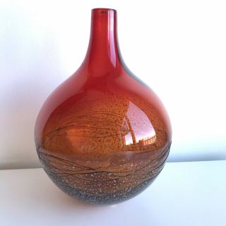 Vintage Red Amber Art Glass Vase With Gold Flakes And Fine Black Swirl 2