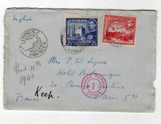Cyprus 1940 Limassol To Paris Cover,  4p Franking,  Passed Censor 7 In Red