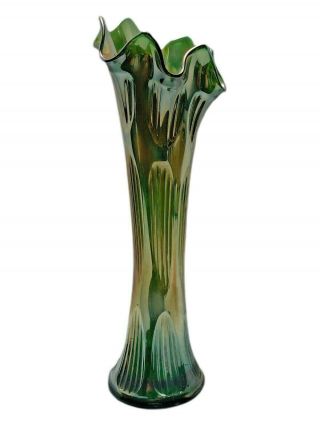 Antique 1911 Fenton Diamond & Rib Vase 504 Green Carnival Glass 11 "