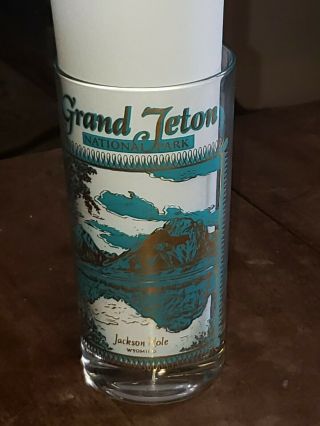 Vintage Grand Teton National Park Glass Tumbler Jackson Hole Wyoming Blue & Gold