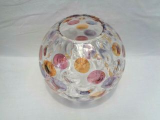 Bohemian Czech Art Glass Rose Bowl Vase,  Crystal,  Multicolored Circles,  6 Inches