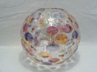 Bohemian Czech Art Glass Rose Bowl Vase,  Crystal,  Multicolored Circles,  6 Inches 2