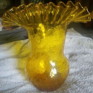 Vintage Blenko Ruffled Vase Yellow Crackle