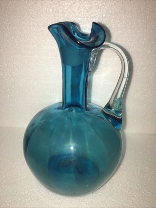 Vintage Mid Century Blenko Blue Art Glass Crimped Rim Pitcher Vase 6 "