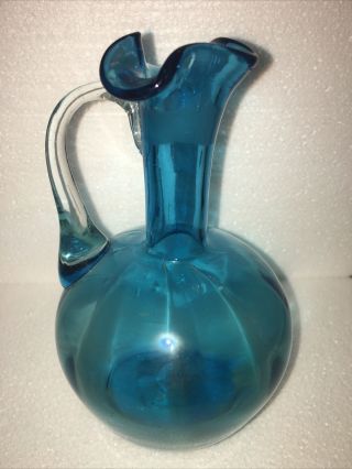 Vintage Mid Century Blenko Blue Art Glass Crimped Rim Pitcher Vase 6 