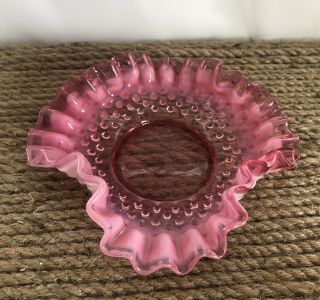 Vintage Fenton Glass Cranberry Pink Opalescent Hobnail Ruffled Candy Dish 6 3/8”