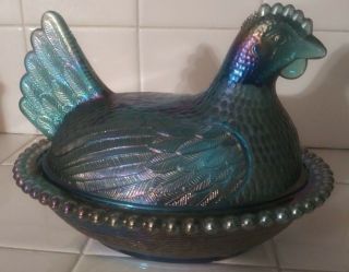 Vintage Indiana Glass Blue Teal Iridescent Hen On Nest Candy Dish
