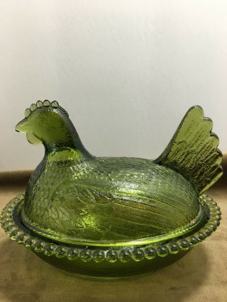 Vintage Indiana Green Glass Hen on Nest Covered Candy Dish w/Lid,  no chip/breaks 3