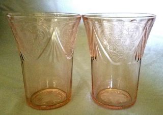 Rare Vtg Hazel - Atlas Depression Glass Pink Royal Lace 9 Oz.  Tumblers,  Set Of 2