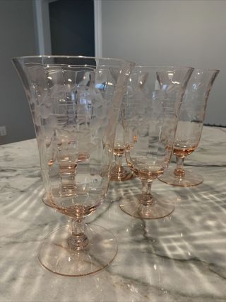 4 Vintage Pink Depression Water/tea Stemmed Glasses Etched Floral Design
