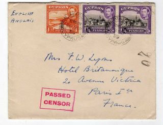 Cyprus 1939 Limassol To Paris Cover,  2½p Franking,  Boxed Passed Censor In Red