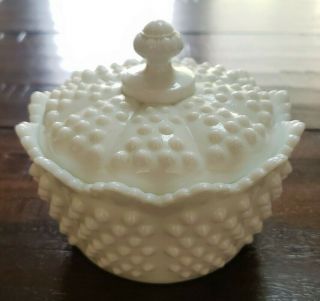 Vintage Fenton Milk Glass White Hobnail Candy Dish With Lid 5 "