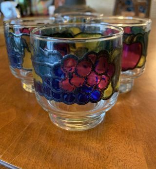 Vintage Libbey Stained Glass Fruit Pattern Juice Lowball Glasses Set Of 4 Grapes