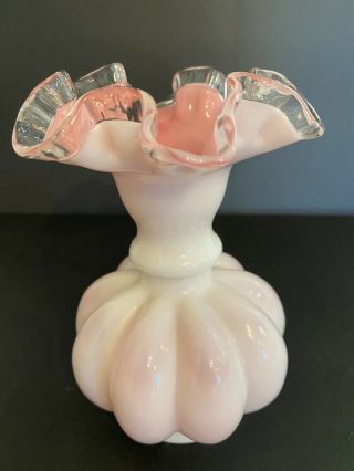 Vintage Fenton Silver Crest,  Melon Vase,  Ruffled Edge Milk Glass Pink