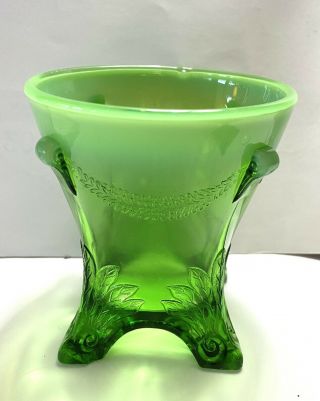 Vintage Vaseline Green Glass Flower Vase Fluted Top 4.  5”inch