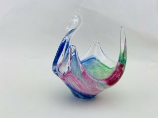 Vintage Murano Art Glass Swan Dish Italy Crystal Clear Blue Green Pink