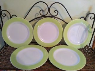 5 Vintage,  Rare,  Pyrex " Lime Green & White " Milk Glass Large Salad/dessert Plate