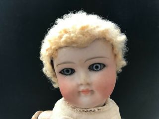 Antique German Doll.  10 Inches,  Blue Eyes,  Blonde Mohair Wig