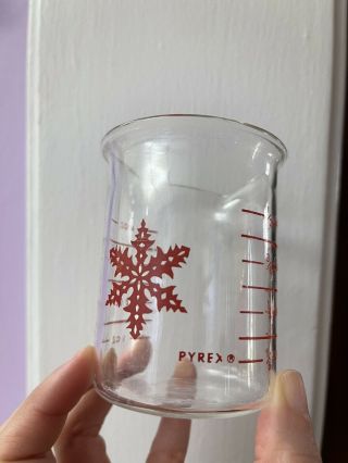 Pyrex Glass Red Snowflake 4 Ounce,  Measuring Cup Beaker,  1/2 Cup,  Rare Vintage